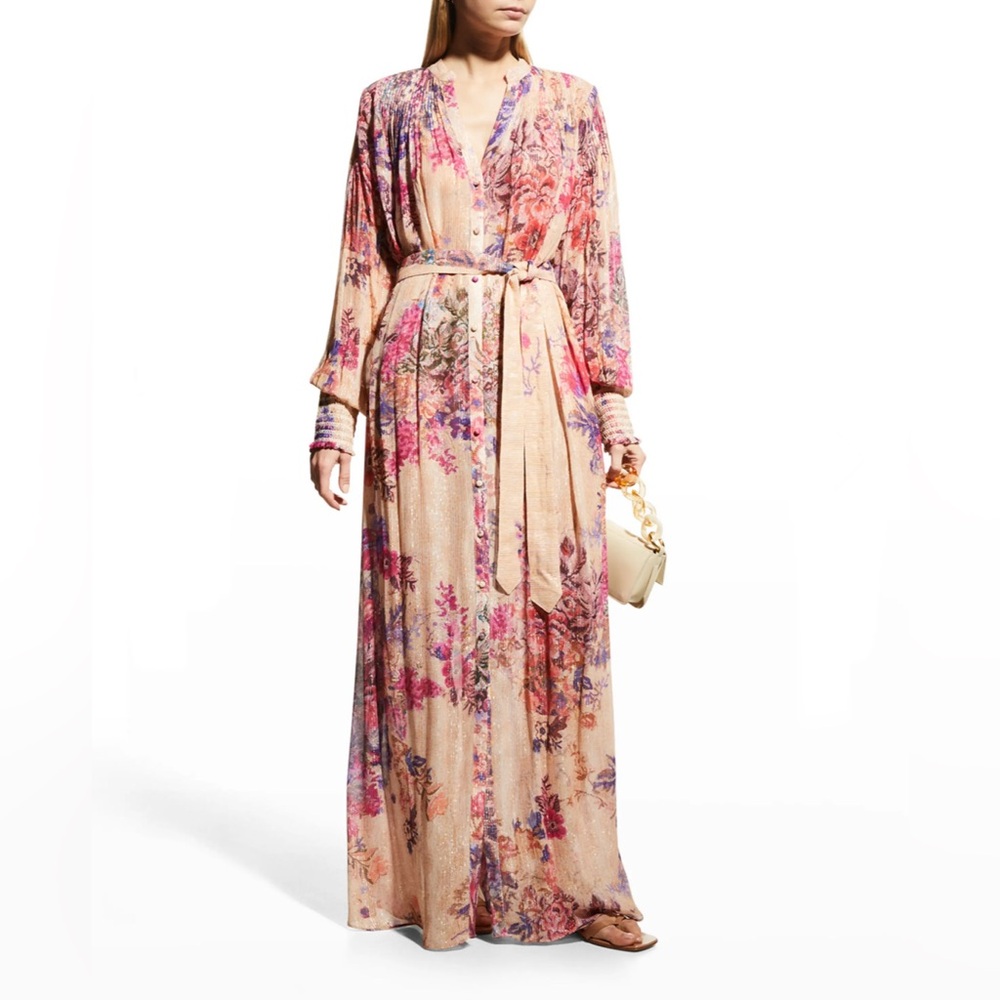 Hemant & Nandita Tara Sheer Floral Metallic Maxi Shirt Dress – M